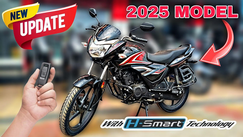 Black motorcycle with red accents, "2025 Model" text, blurred background. A hand holds a remote. "New Update" and "H-Smart Technology" visible.