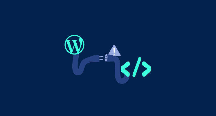 WordPress logo and code symbols separated by a broken plug with an exclamation mark on a blue background, indicating a connection error.