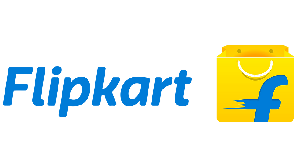 Yellow shopping bag with blue "f" logo, next to blue "Flipkart" text on white background. Bold colors, shopping theme.