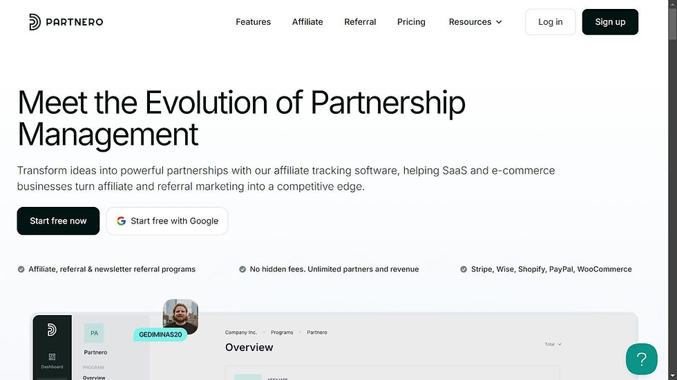 Online platform banner for Partnero, showcasing affiliate tracking software. Includes buttons for starting free, and text about partnerships. Neutral tone.