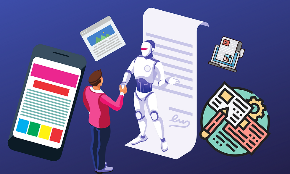 Person shakes hands with a robot in a digital setting, surrounded by colorful tablets, documents, and icons on a blue background.
