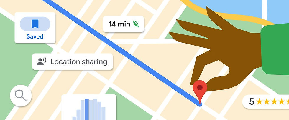 Hand pinching a location pin on a map. Icons show "Saved," "Location sharing," 14 min, a star rating of 5, and a blue route line.