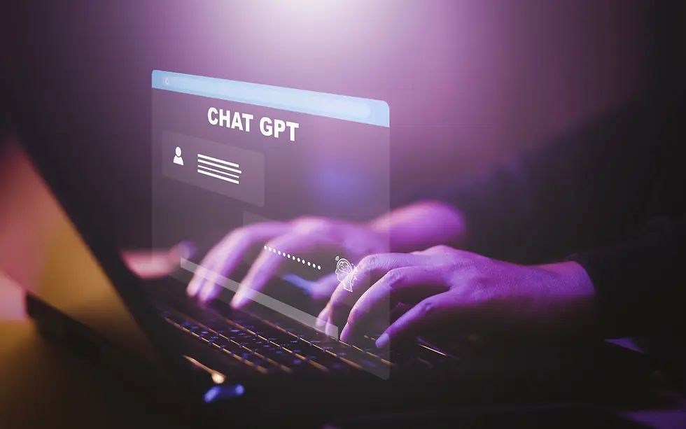 Hands typing on a laptop with "Chat GPT" text overlay. The scene is lit in purple tones, creating a tech-focused mood.