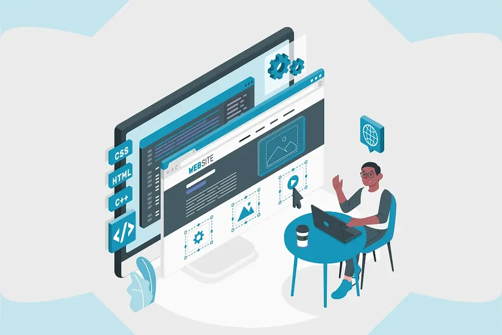Person at laptop waves, blue websites with coding icons like CSS and HTML float nearby, setting is tech-focused. Mood is productive.