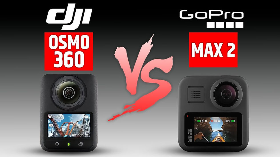Two action cameras displayed: DJI Osmo 360 on the left, GoPro Max 2 on the right, with a "vs" between. Screens show different scenes.