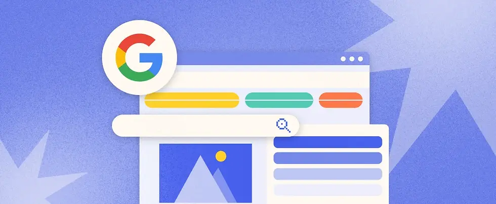 Google search interface with colored tabs and magnifying glass icon over a web page illustration. Blue background with abstract shapes.