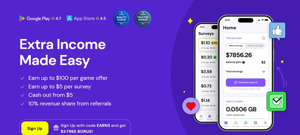 Two smartphones display income and survey apps on a purple background. Text offers earnings details. Emojis and badges add a playful mood.
