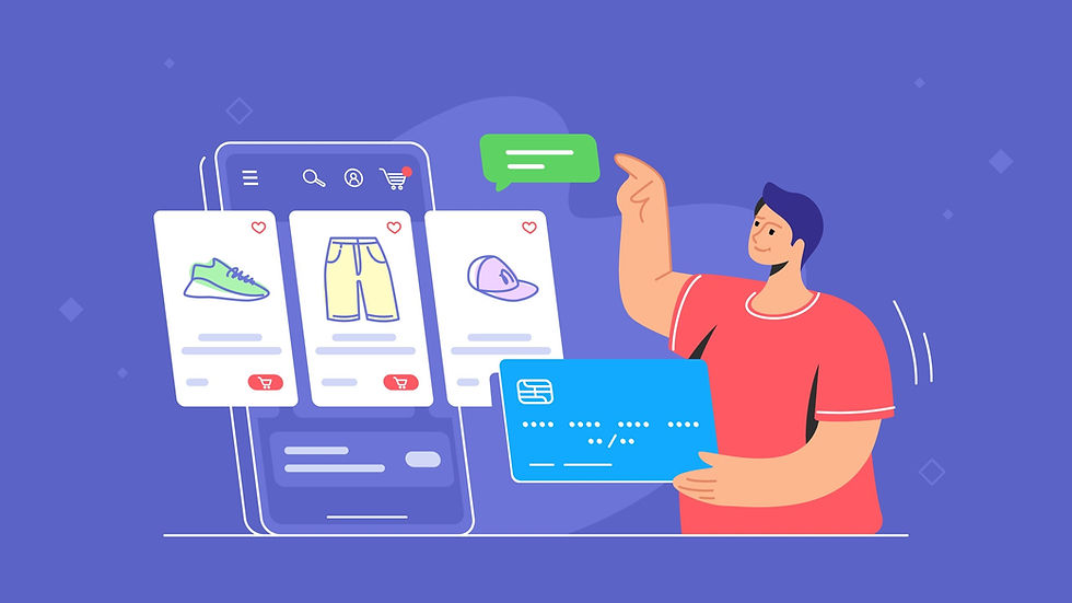 Man in red shirt shops online on smartphone, holding a credit card. Products like shoes, shorts, cap displayed. Blue background.