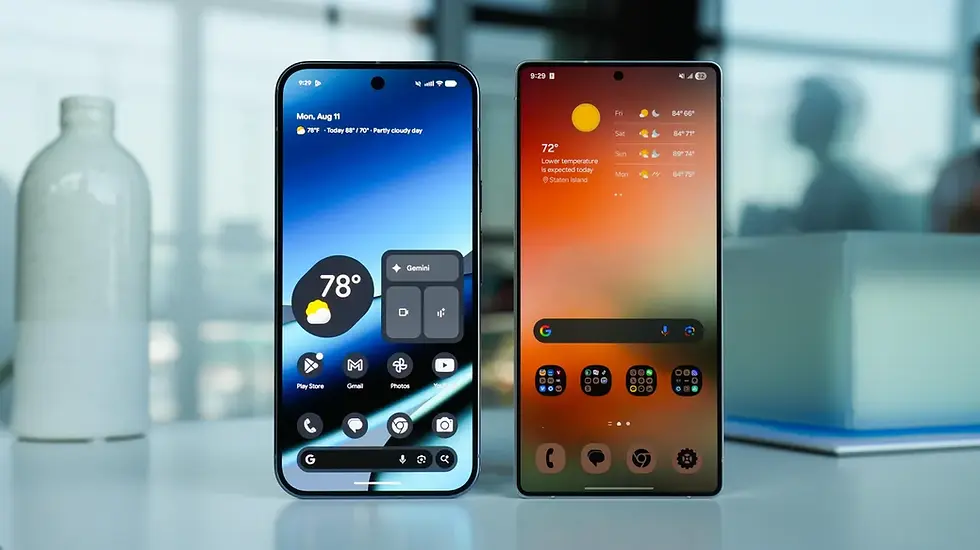 Two smartphones display weather apps with a blue and orange gradient. They sit on a white table in a bright room, with blurred objects behind.