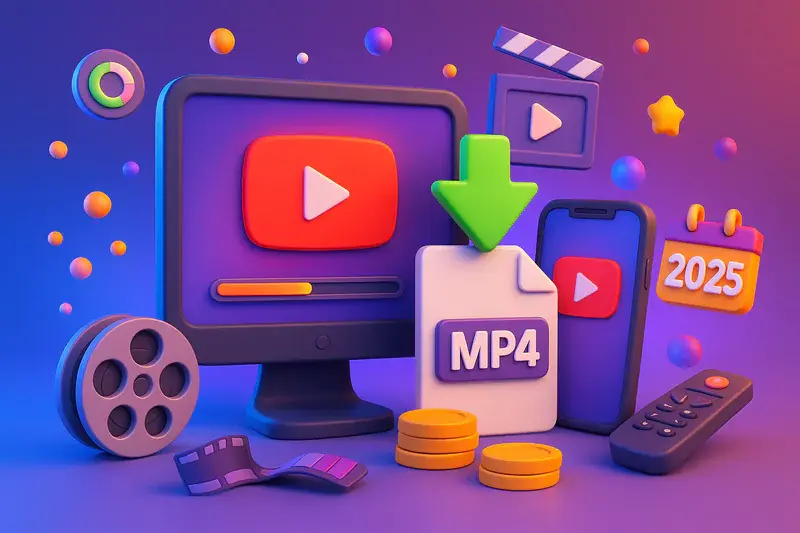 3D icons of a monitor, smartphone, and MP4 file with download arrow, vibrant colors, play buttons, coins, film reel, and 2025 text.