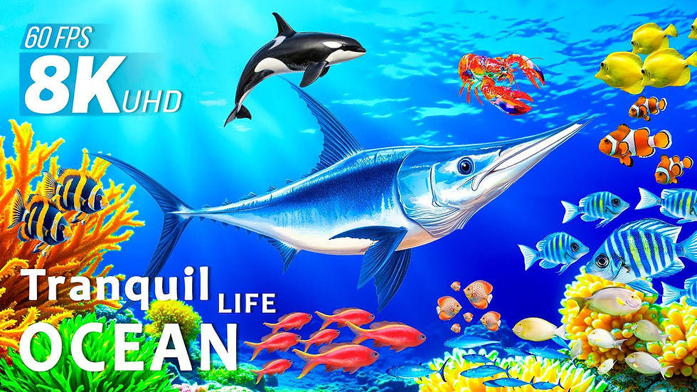 Colorful marine scene with a marlin, orca, lobster, and various fish among coral. Text reads "60 FPS 8K UHD Tranquil Life Ocean."