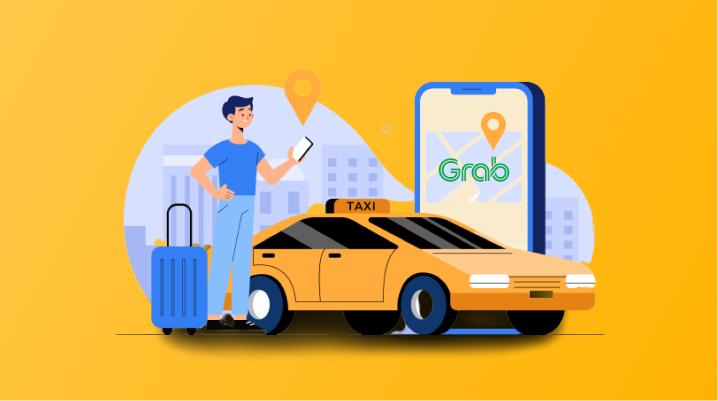 Man with luggage beside a yellow taxi and phone app displaying "Grab" on a city backdrop. Bright, cartoon style with an orange theme.