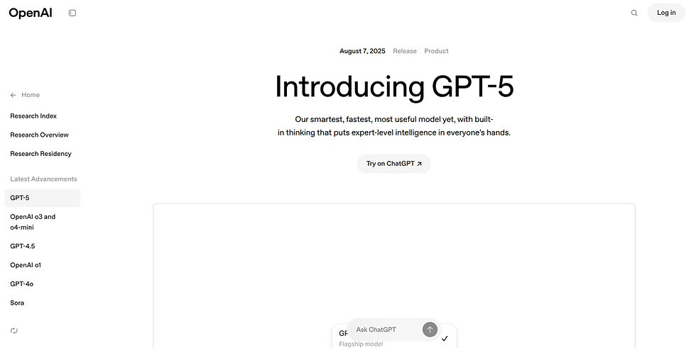 OpenAI webpage announces GPT-5 release. Text highlights its speed and intelligence. Minimalist design with menu and login option visible.