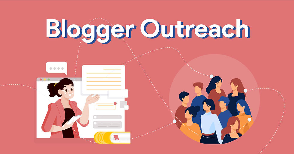 Illustration of a woman with documents and a group of diverse people. Text reads "Blogger Outreach" on a coral background, connected by white lines.