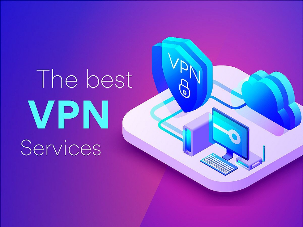 VPN-themed image with shield and cloud icons. Text: "The best VPN Services." Purple and blue gradient background, modern tech look.