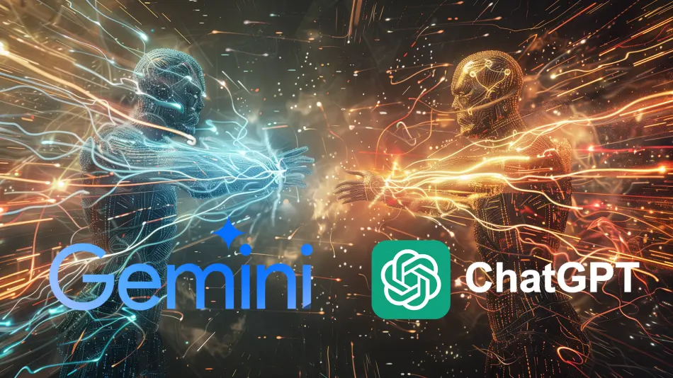 Two humanoid figures made of blue and orange light face off, surrounded by dynamic sparks. Text: Gemini and ChatGPT logos present. Dynamic atmosphere.