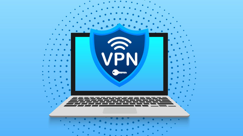 A laptop displays a large shield icon with "VPN" text, symbolizing internet security. Blue dots radiate outward on a light blue background.