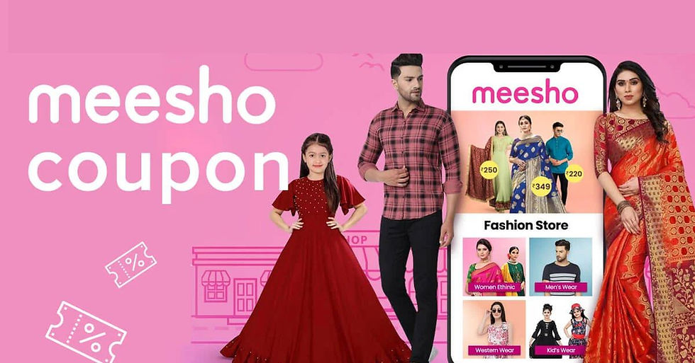 Pink background with "meesho coupon" text. Three people in ethnic wear stand by a phone displaying fashion categories and prices.