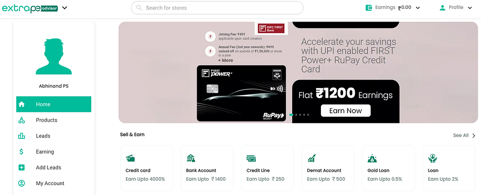 Dashboard view with sidebar showing profile, home, products. Main ad promotes RuPay credit card with earnings details. Clean layout.