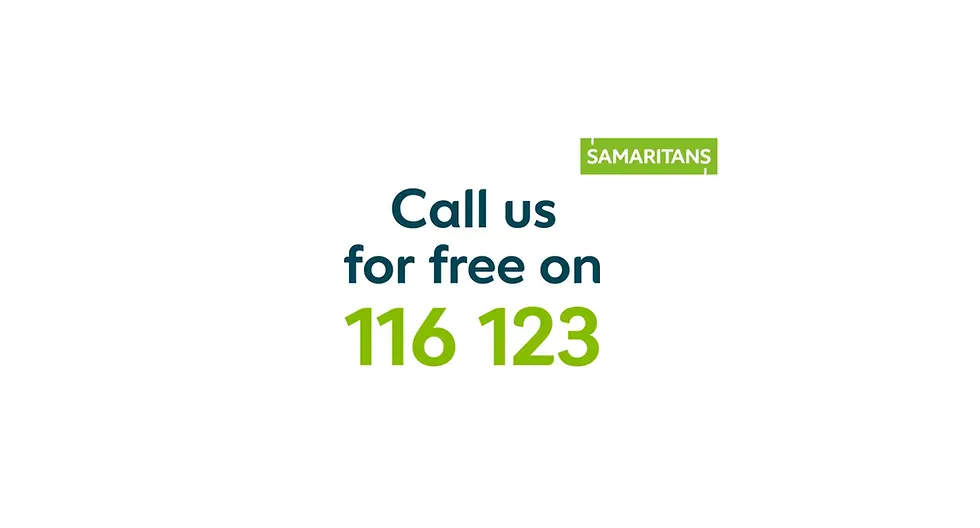 White background with text: "Call us for free on 116 123" in green and blue. "SAMARITANS" logo in green box above.