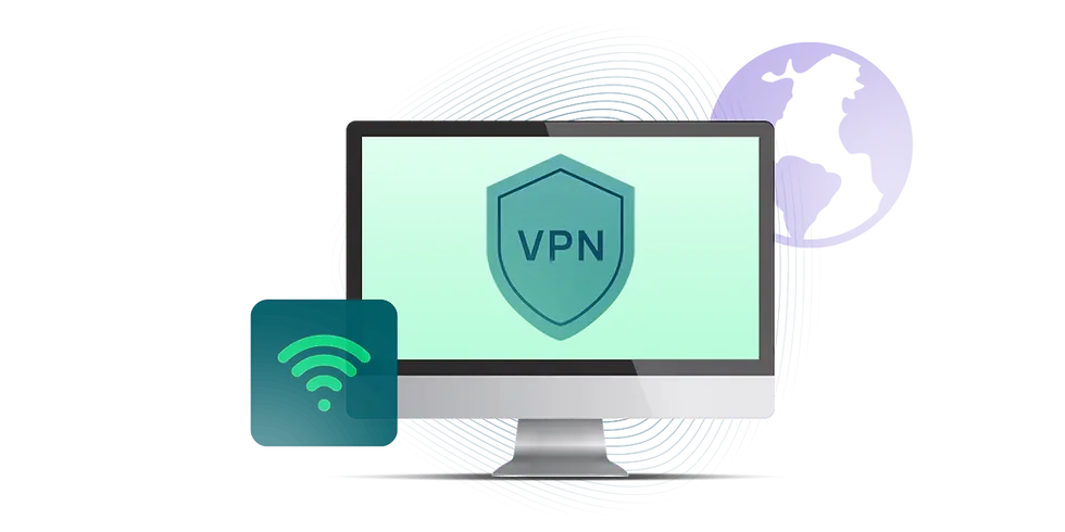 Computer screen displaying a VPN shield, with a Wi-Fi icon and a globe in the background. Green and purple colors on a black backdrop.