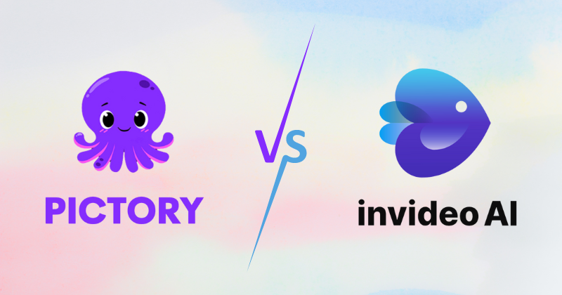 Purple octopus with "PICTORY" vs. blue fish with "invideo AI" on pastel background. Playful mood with stylized logos.