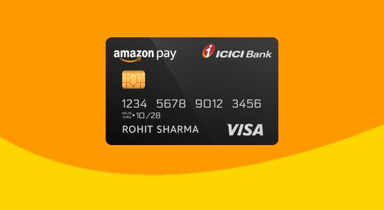 Black credit card with "Amazon Pay" and "ICICI Bank" logos, card number, and name. Set against an orange and yellow background.