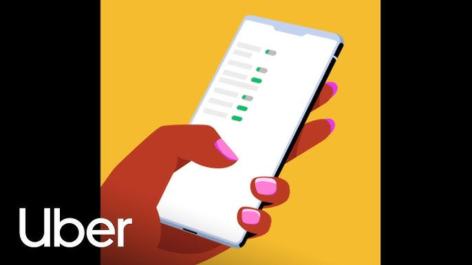 Hand holding a smartphone with app settings on screen, green toggles visible. Yellow background. Uber logo at the bottom.