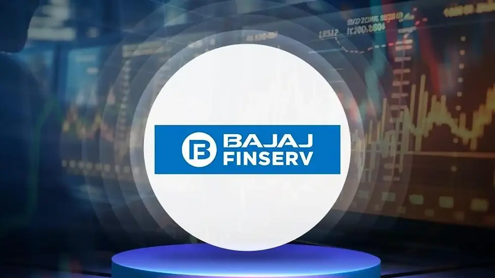 Bajaj Finserv logo on a white circle over a blue base, with stock market graphs in the blurred background, conveying a financial theme.