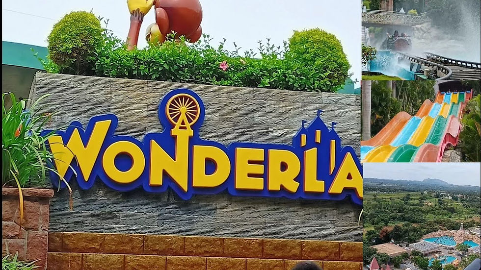 "Wonderla" sign with colorful background, water slides, lush greenery, and scenic views. Image evokes fun and excitement at an amusement park.