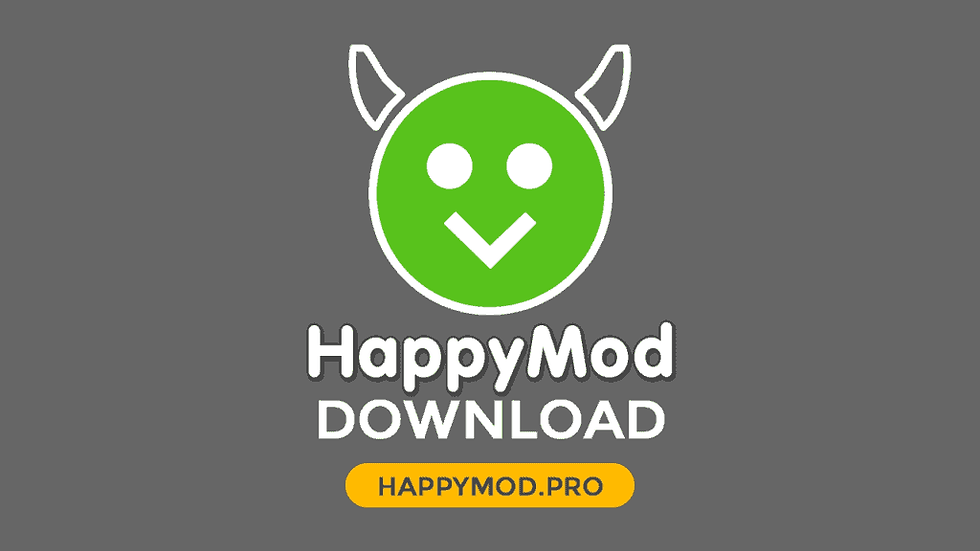 Green smiley face icon with devil horns on gray background. Text: HappyMod DOWNLOAD. Yellow bar: HAPPYMOD.PRO.