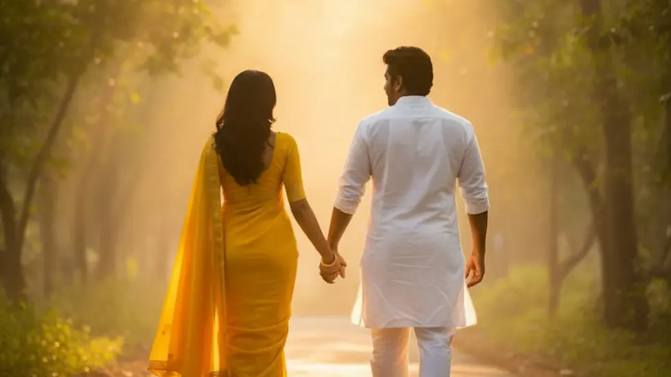 A couple walks hand in hand down a sunlit forest path. She wears a yellow sari, he wears white. The mood is romantic and serene.