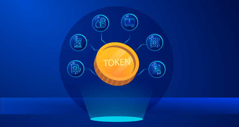 A glowing golden token labeled "TOKEN" is centered in a blue background, surrounded by six circular icons connected with lines, depicting technology themes.