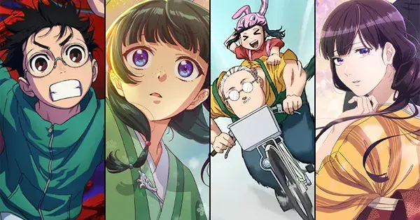 Four anime characters: one with glasses in green, a girl in a green kimono, a child on a bike with an elder, and a woman in yellow. Bright colors.