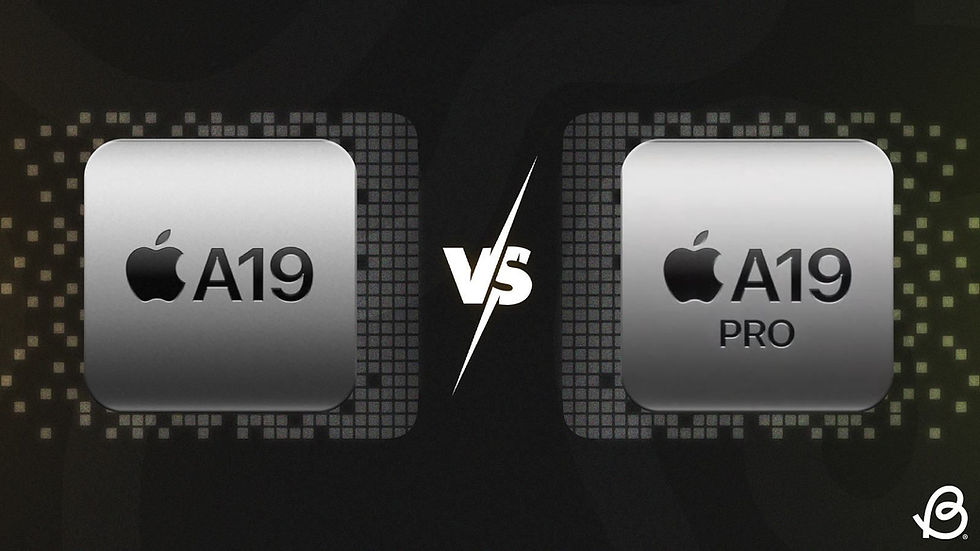 Two Apple chips labeled "A19" and "A19 Pro" are compared side by side against a dark grid-patterned background, separated by "VS."