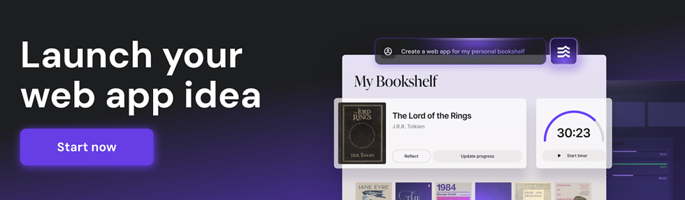 "Dark-themed interface with book library display. Prominent text: 'Launch your web app idea.' Buttons include 'Start now' and 'Start timer.'"