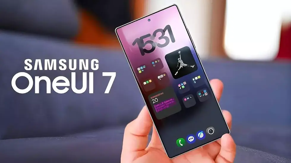 Hand holding a Samsung phone displaying One UI 7 interface with colorful icons. Text "SAMSUNG OneUI 7" on left. Background is blurred.