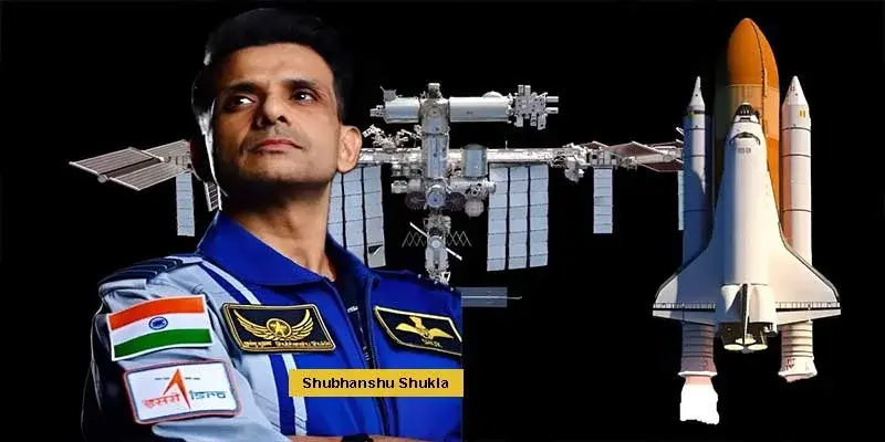 An astronaut in a blue suit stands confidently. Background: space station and shuttle. Text: "Shubhanshu Shukla," with flag and insignia.