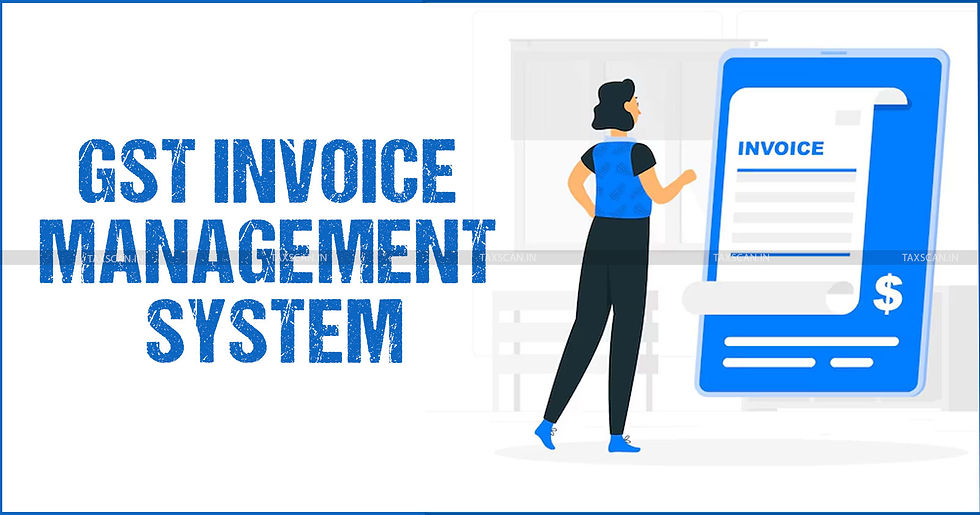 Person views large blue invoice on screen. Text reads "GST Invoice Management System." Modern design, white background.