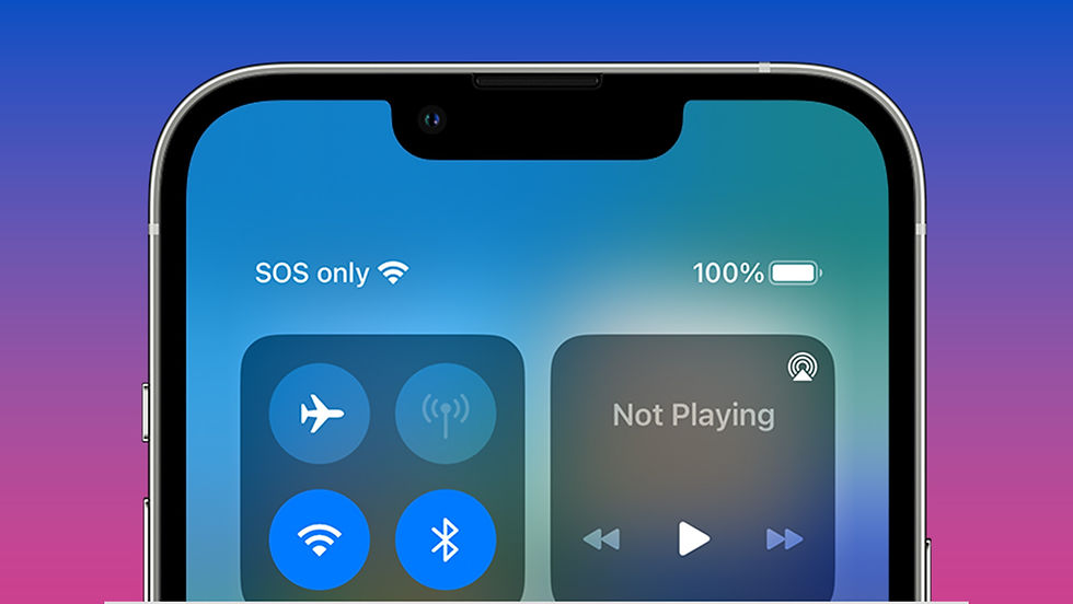 Close-up of a smartphone screen showing "SOS only" signal, 100% battery, controls for airplane mode, Wi-Fi, Bluetooth, and "Not Playing."