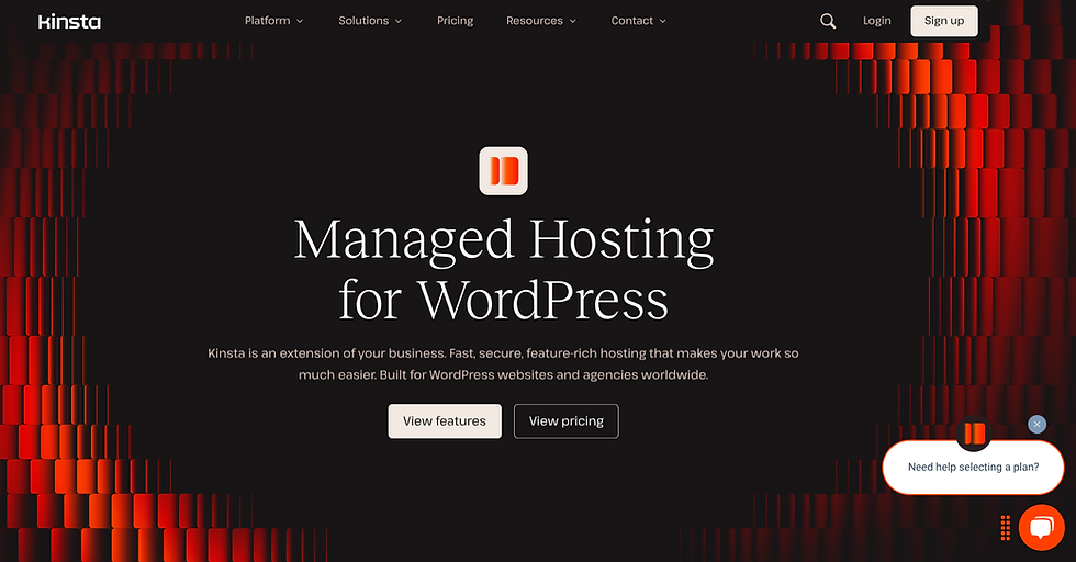 Kinsta website homepage with text "Managed Hosting for WordPress." Features red geometric pattern and buttons for "View features" and "View pricing."