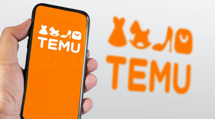 Hand holding a phone with "TEMU" and icons on an orange screen. Blurred logo with same design in the background, creating a shopping theme.