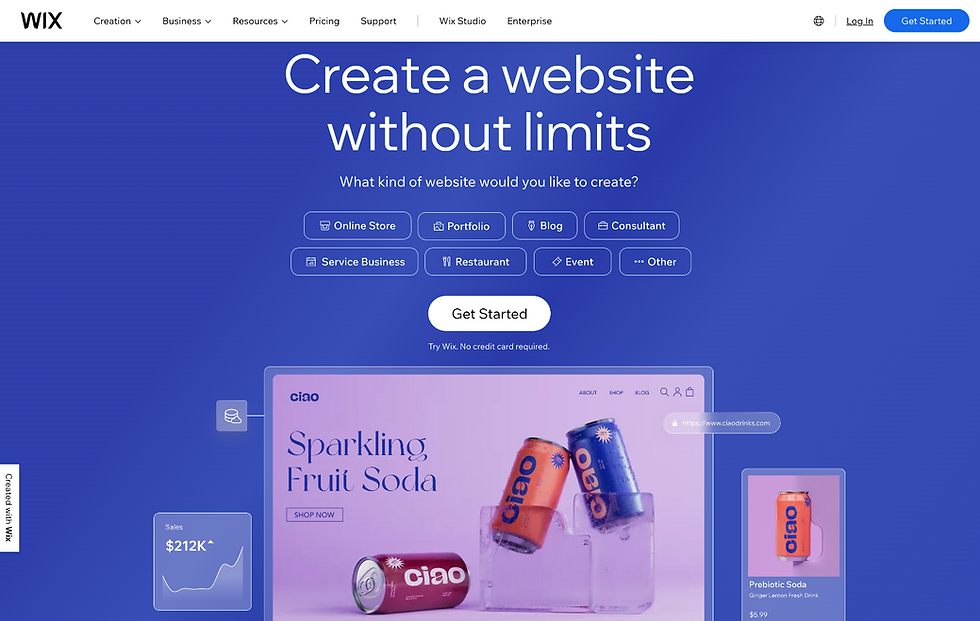 Wix homepage with text "Create a website without limits" on a blue background, featuring options for website types. Sparkling soda cans shown.
