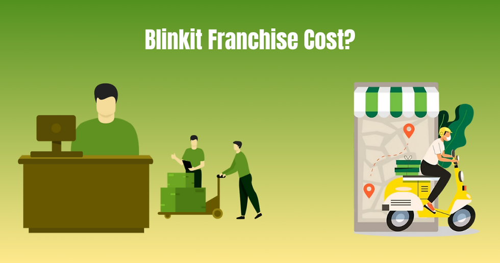Person at desk, two people moving boxes on a cart, delivery on scooter near a map. Text reads "Blinkit Franchise Cost?" Green background.