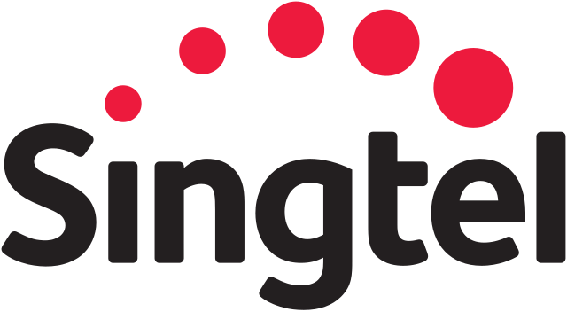 Singtel logo with bold black text and five ascending red dots above the text on a white background, creating a modern, sleek look.