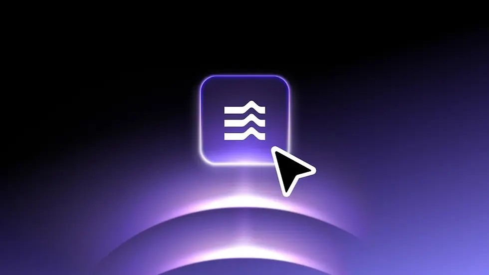 Glowing icon with lines and waves on a dark purple background with light arcs. A cursor points at the icon, creating a techy feel.