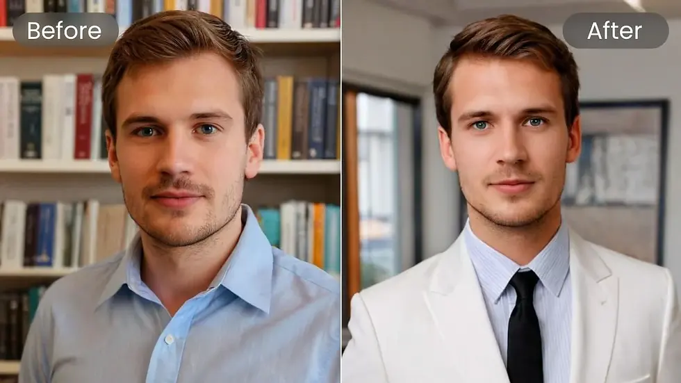 Side-by-side images show a man before, in a blue shirt with a bookshelf, and after, in a white suit with an office backdrop.