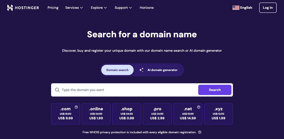 Hostinger domain search page in purple theme. Features search box, buttons for domain search and AI generator, and domain price list.