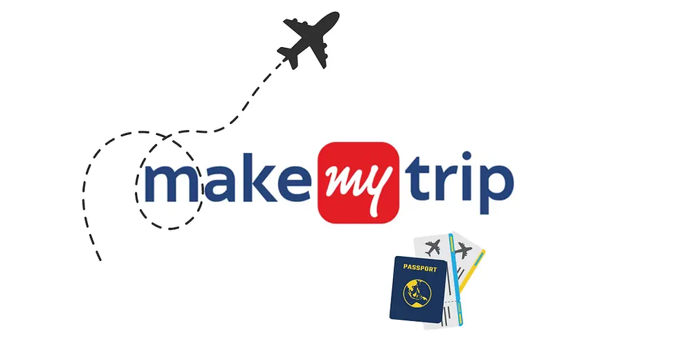 Airplane with dotted path over "MakeMyTrip" logo, passport, and tickets. White background, suggesting travel theme.