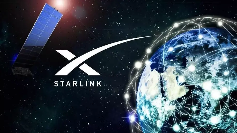 Satellite in space near Earth with glowing network lines. "STARLINK" text and logo. Dark starry background, bright blue and white Earth.